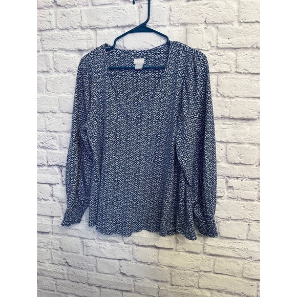 Chico's Women's Blue White Print Long Sleeve V Neck Blouse Size M - Picture 1 of 7